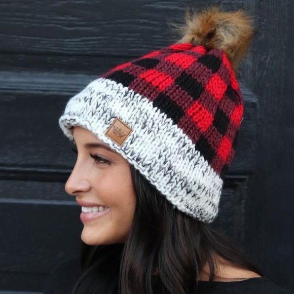 JUST FOR WARMTH BUFFALO PLAID BEANIE-RED - Picture 3 of 5